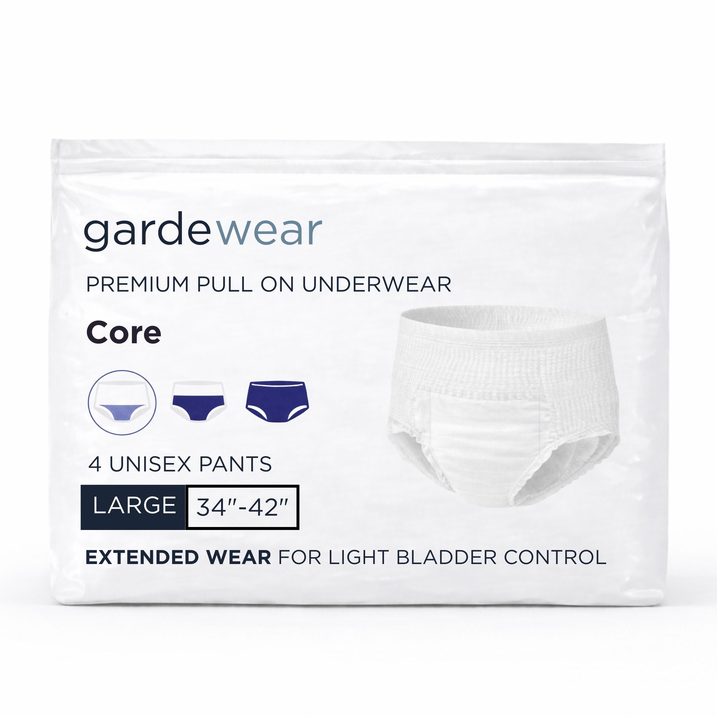 4 Pack of gardewear premium pull on underwear with product image and text on a white background L size